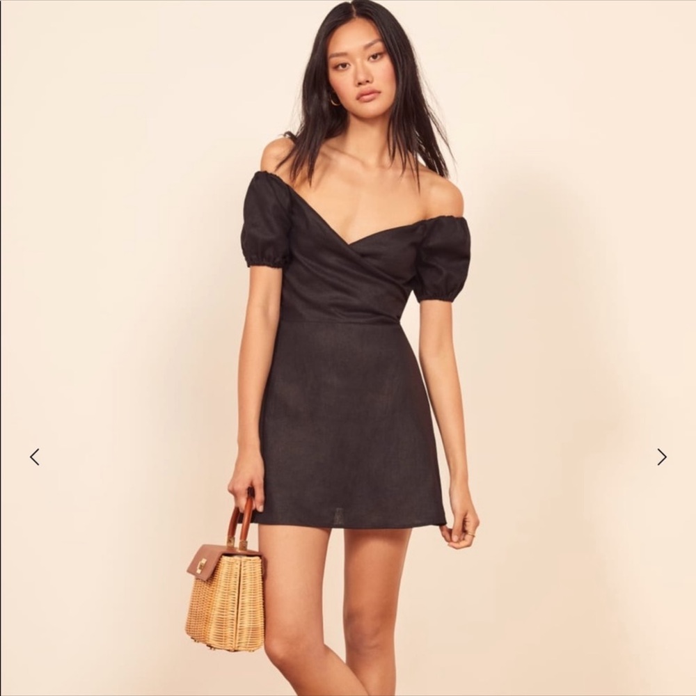 Reformation Black Off-the-Shoulder Puff Sleeve Mini Dress